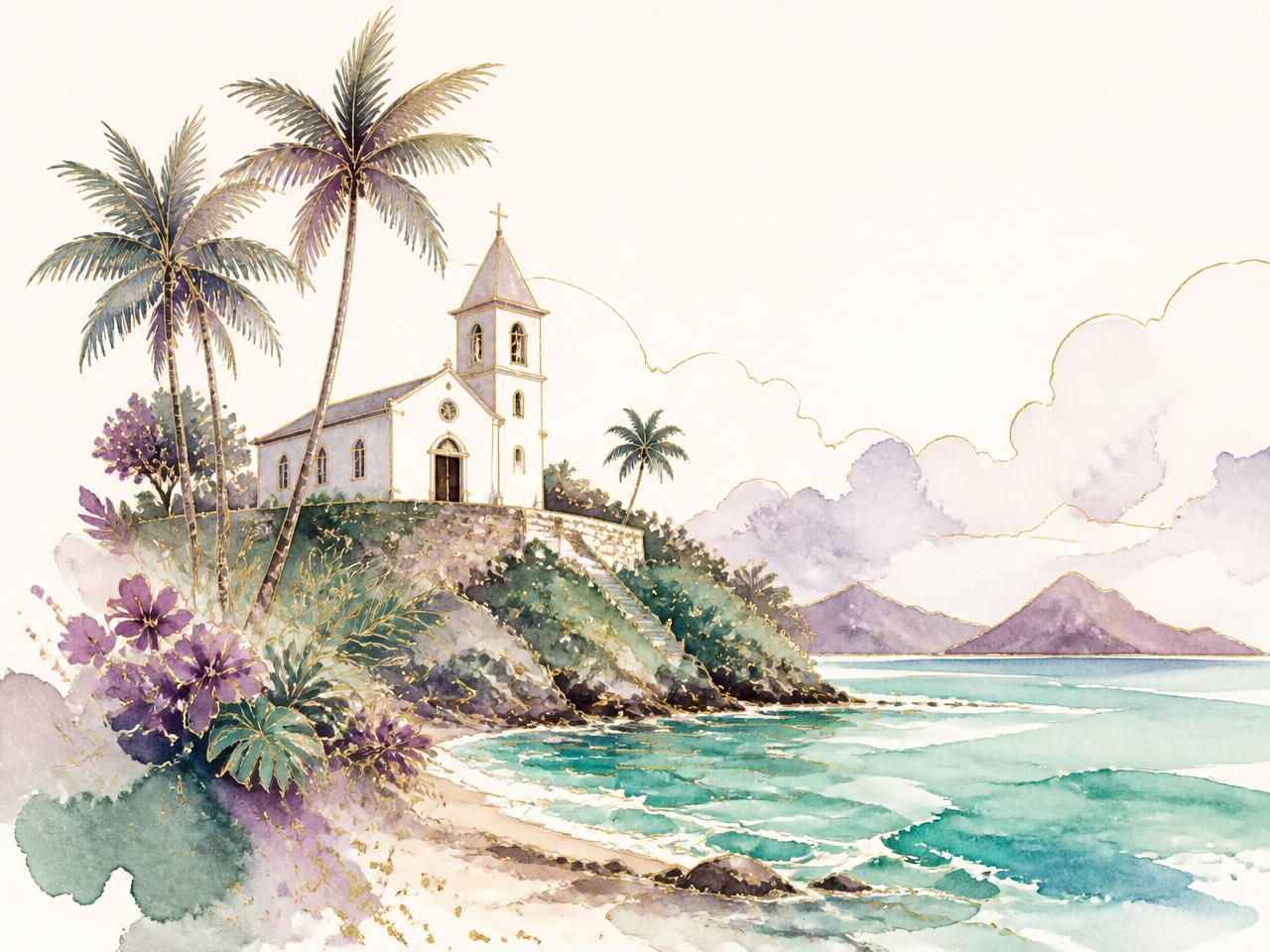 Watercolour of a parish church above a Pacific coastline, where Arvin and Berna met in Guam